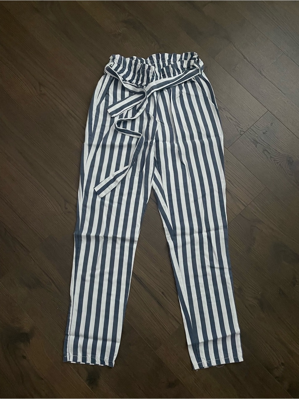 Striped Paperbag Waist Trousers - Navy & White